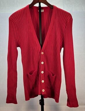 VTG Bonwit Teller 100% Cashmere Cardigan Red Ribbed Knit Made in Scotland M/L‎